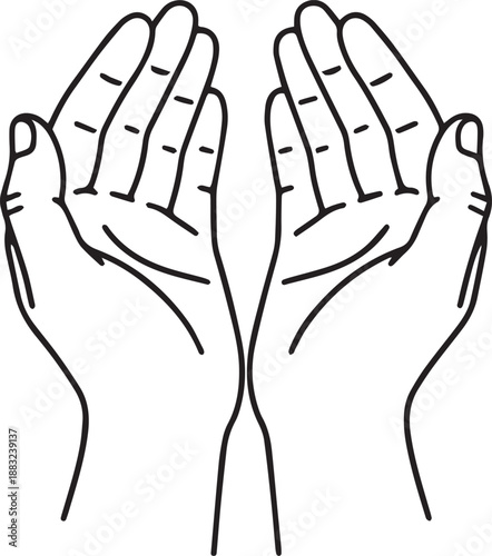 Hands raised in dua – Islamic prayer line art vector illustration