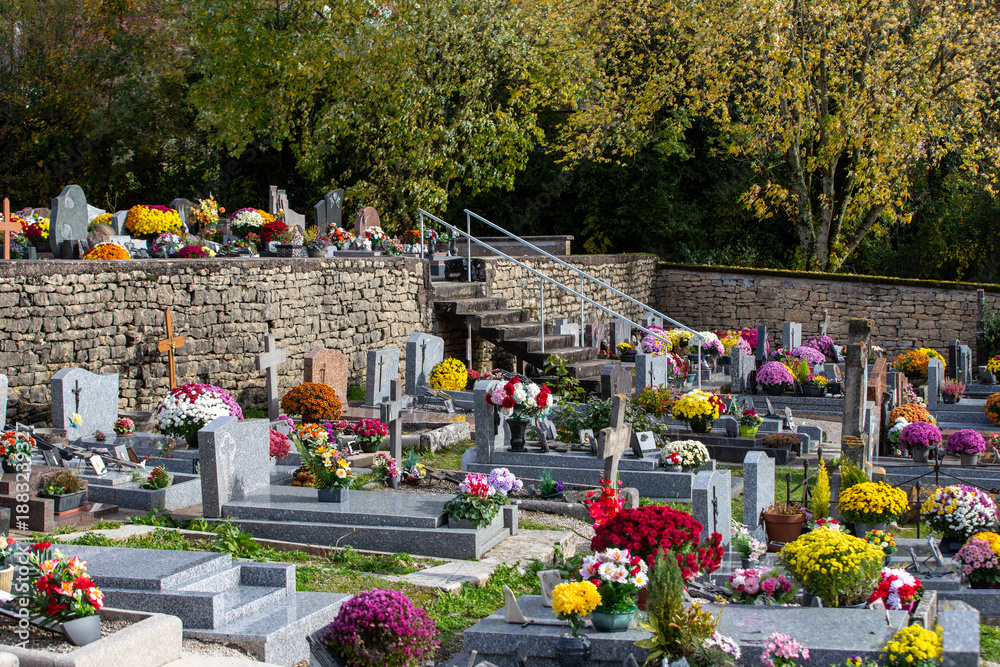 Fototapeta premium Cimetière avec des sépultures couvertes de fleurs fraiches à l'occasion de la Toussaint. France