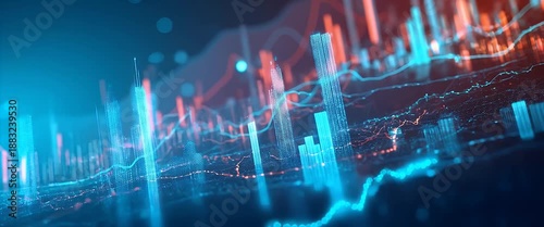 Dynamic data charts animate across a digital landscape, with the camera slowly panning to reveal fluctuating financial graphs, creating a cinematic and futuristic ambiance.