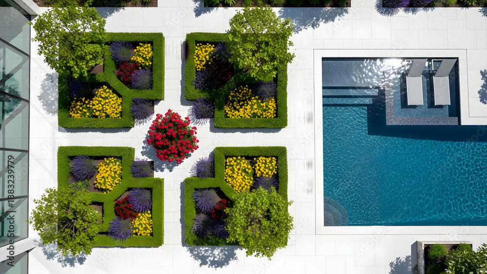 Fototapeta premium Top-Down Aerial View of a Modern Geometric Garden with Flowerbeds and Swimming Pool