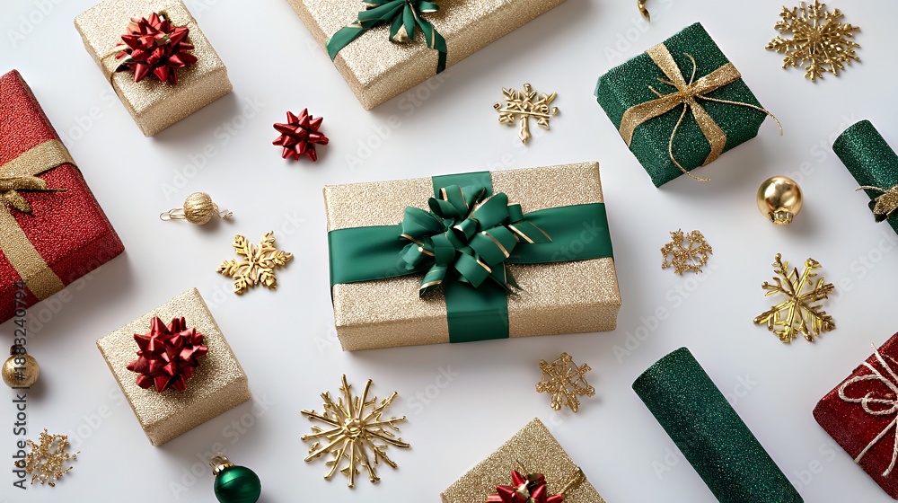 Fototapeta premium Gilded Holiday Gifts: Festive Wrapped Presents with Red, Green, and Gold Decor