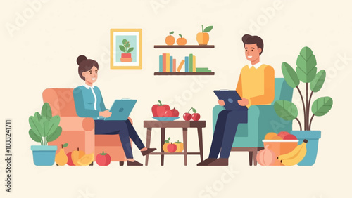 Two people in a living room, one woman and one man, attending to tablets