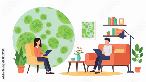 Two people in a living room setting, discussing science-related graphics