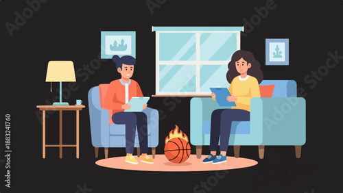 Two people in a living room with a basketball on fire