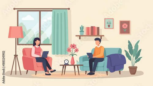 Two people are working on their laptops while sitting on comfortable chairs in a cozy room