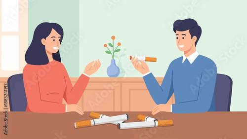 Two people at a table, one holding a cigarette, several cigarettes on table