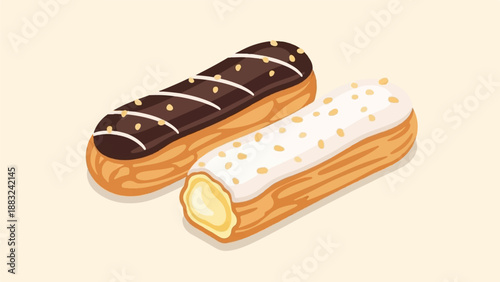 Two eclairs, one with dark chocolate, the other with white frosting