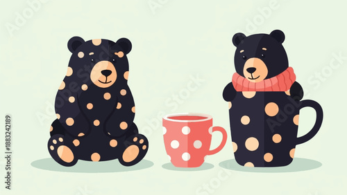 Two dot-patterned bears, one sitting, one in a mug, with a teacup