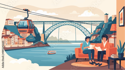 Two people chat on a sofa with a scenic river, bridge, and cable car view