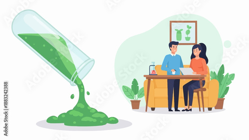 Two people collaborate at a table next to a sofa while a test tube spills green liquid
