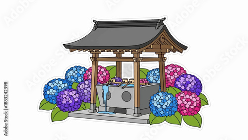 Traditional Japanese water basin with colorful hydrangeas
