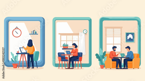 Trio of domestic scenes depicting individuals working on laptops