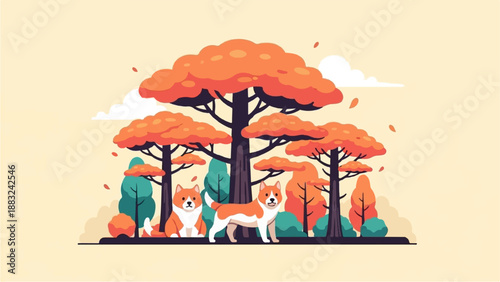 Two dogs in an autumnal forest setting with orange foliage and stylized trees