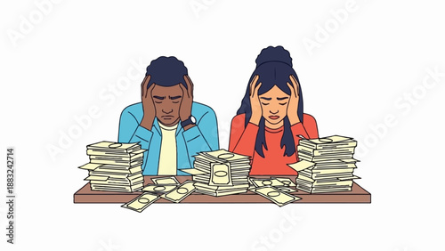 Two distressed people are seated at a table with large stacks of money