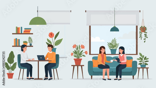 Two distinct scenes of people interacting in modern indoor spaces