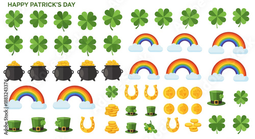 Saint Patrick's Day celebration elements including clover leaves, pots of gold, rainbows, horseshoes, coins, and hats