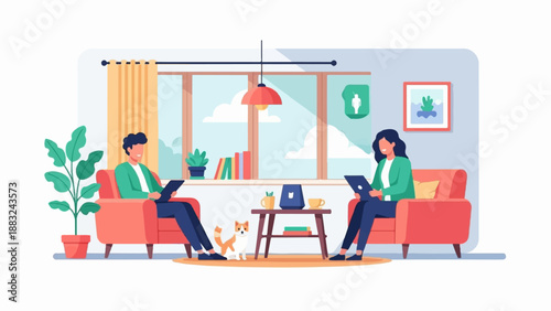 Two people in armchairs use laptops, with a cat nearby