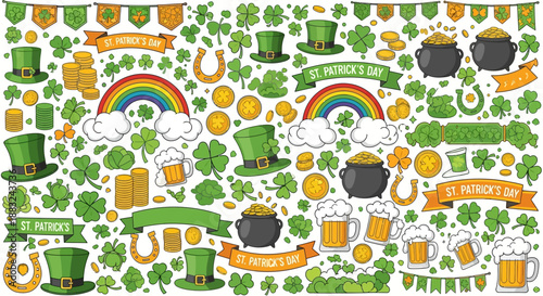 St. Patrick's Day illustration set. Irish symbols shamrocks, leprechaun hats, pots of gold, rainbows, beer mugs. Perfect for holiday designs and celebrations