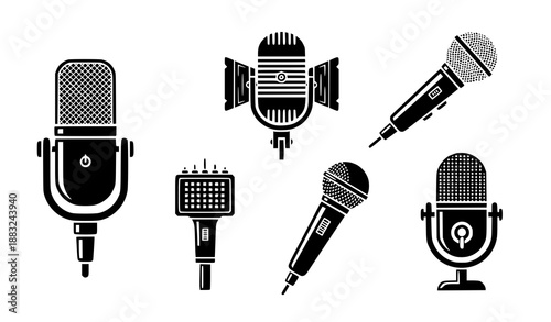Flat Black Microphone Vector Icon Collection for Music, Podcast, and App Design