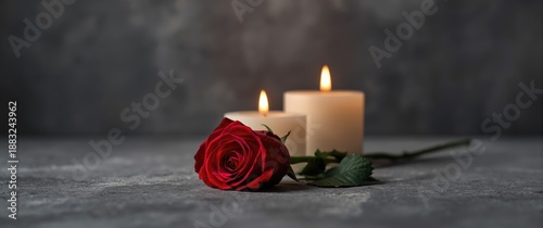 Close-up of red rose and candles symbolizing mourning, death, and sorrow on textured surface