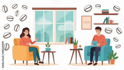 Two people in comfortable armchairs, one with a tablet, surrounded by coffee beans