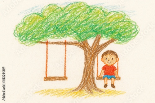 Childlike crayon illustration of a young boy sitting alone on a tree swing, expressing quiet imagination and innocence