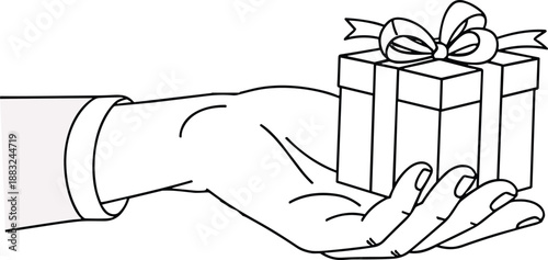 Hand holding gift box vector, ribbon-wrapped present in black and white festive illustration