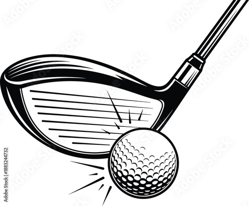 Golf club hitting ball vector, close-up impact with motion burst, black and white sports illustration