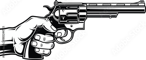 Hand holding revolver vector, detailed black and white firearm illustration with visible barrel, trigger, and grip