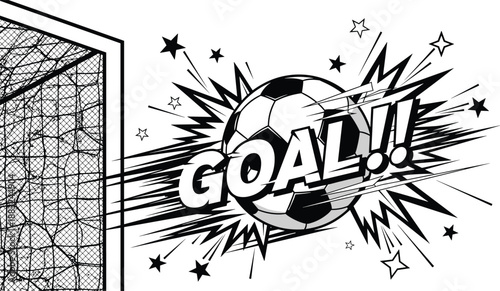 Comic-style soccer goal vector, ball hitting net with explosive burst and bold GOAL text, black and white illustration