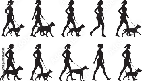 Ten Silhouettes of Women Walking Dogs in Different Poses and Dog Breeds woman female