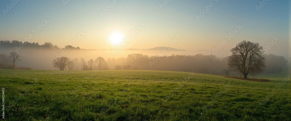 Obraz premium Autumn morning scene with foggy grassland, forest, and sky in the background