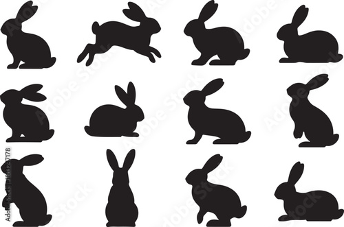 Twelve black rabbit silhouettes showcasing different actions and postures on a white background bunny