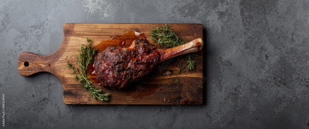 Fototapeta premium Braised deer game meat leg in slow cooker, bone-in, top view on grey background
