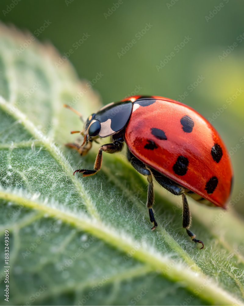 Fototapeta premium Close-Up Macro of a Vibrant Ladybug on Leaf