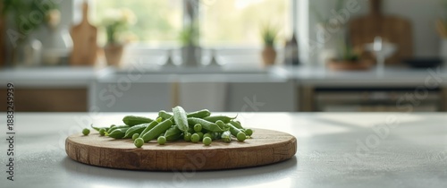 Green peas freshly picked and arranged on a wooden cutting board, highlighting healthy eating and farm-to-table concepts