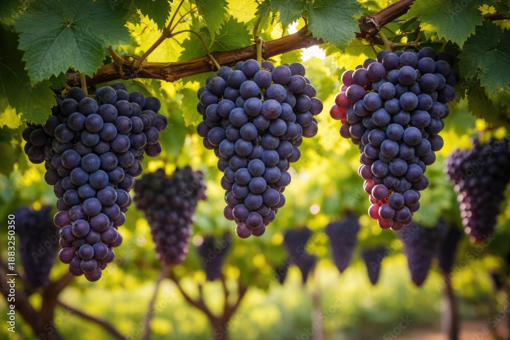 Fototapeta premium Bunches of luscious wine grapes suspended on green vine branches