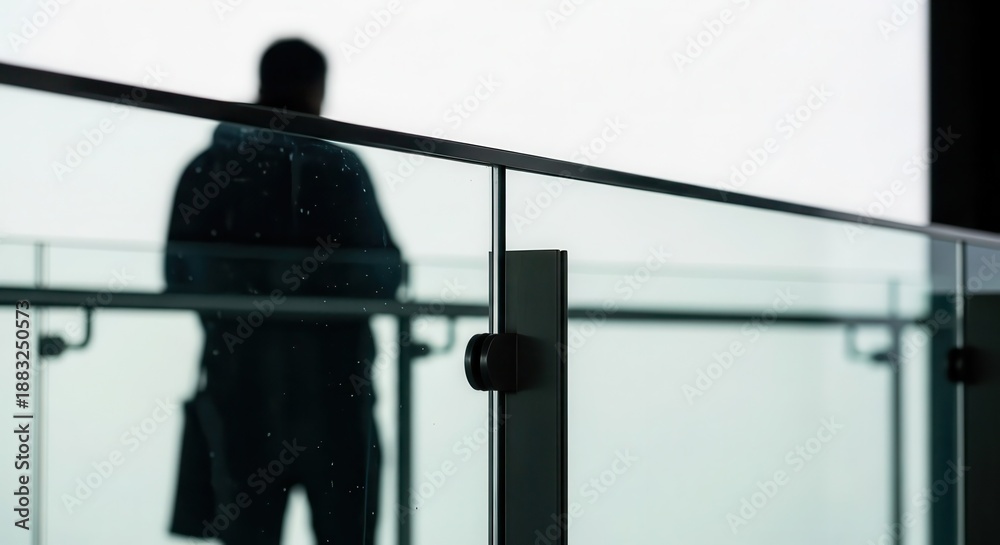 Fototapeta premium Silhouette of a person standing behind a modern glass railing against a bright background