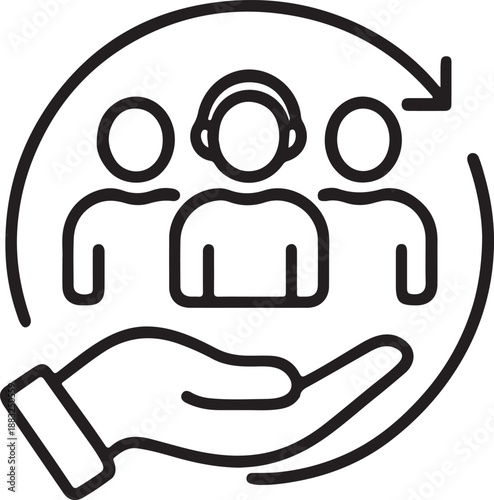 customer retention, customer loyalty, hand, team of people, circle, arrow, customer support, customer relationship, loyalty program, retention strategy icon outline silhouette vector