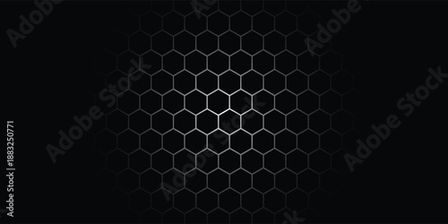Dark grey abstract wide horizontal banner with hexagon carbon fiber grid and orange luminous lines. Technology vector background with orange neon lines
