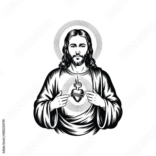 Sacred Heart of Jesus Christ Engraving Style Vector Illustration