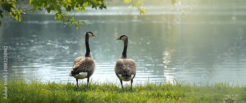 Pair of geese standing by t...