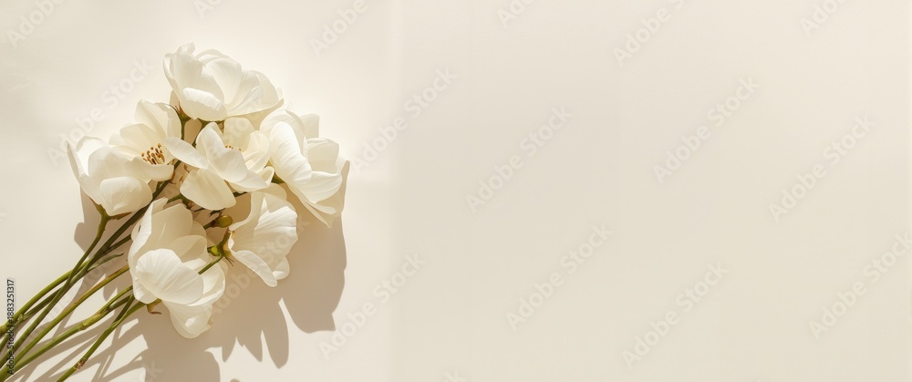 Fototapeta premium Flat lay of white flowers against a vibrant background