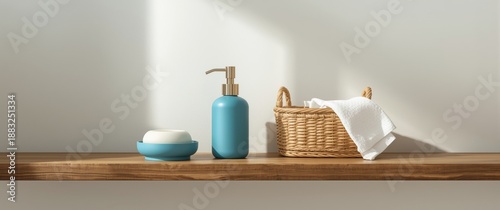 Wooden shelf showcasing blu...