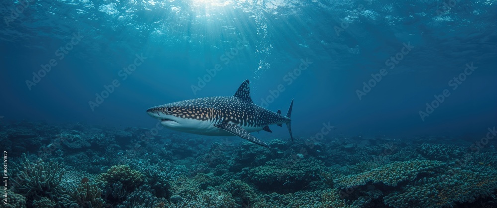 Fototapeta premium Tiger Shark Swimming Near the Surface in Blue Waters