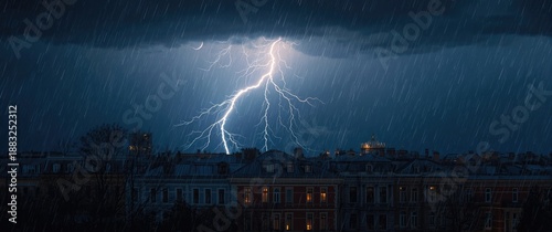 Cityscape with rain, lightn...