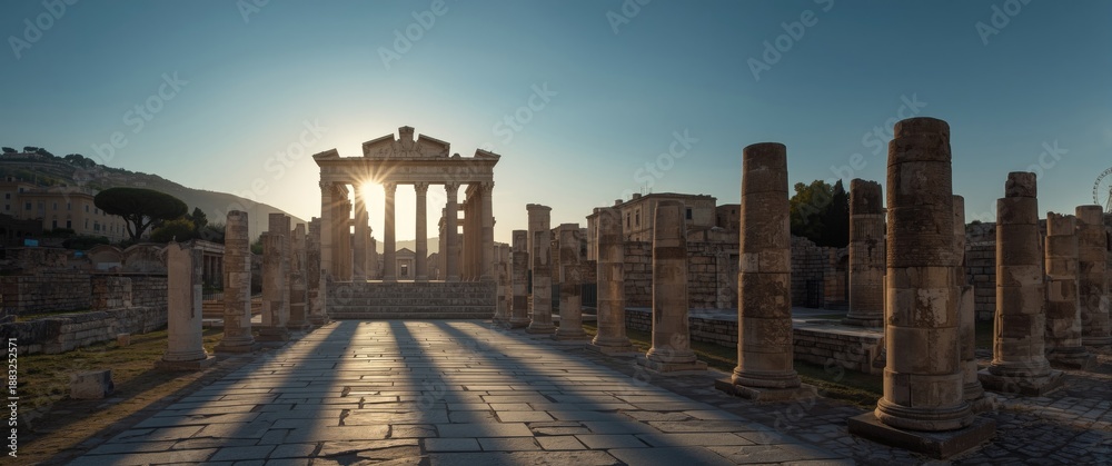 Obraz premium Sky Over Ruined Street of Pompeii, Ancient City, Travel, Buildings, Old Stone, Tourism, Temple, Culture, Archaeology