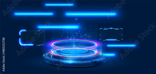 Futuristic Neon Hologram Platform with Sci Fi HUD Interface Glowing Rings Digital Stage and Cyber Technology Background