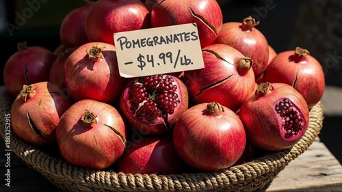 Fresh pomegranates arrangement with price tag in sunlit market display scene