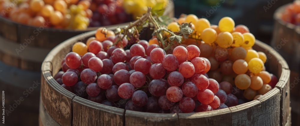 Fototapeta premium Rural Agriculture Festival With Red And Yellow Grapes In A Wooden Barrel During Autumn Celebrations Focused On Food And Wine